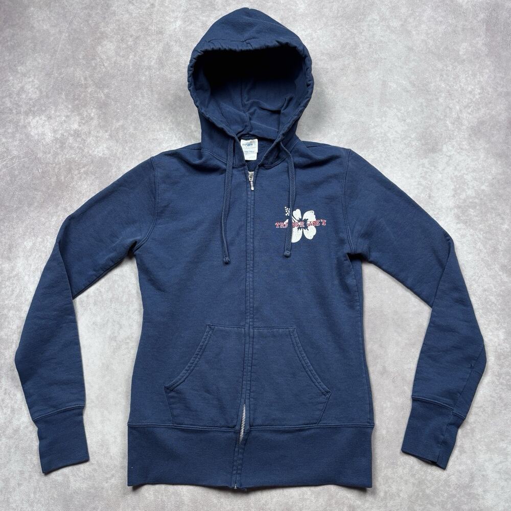 Trader Joes Employee Hoodie XS Navy Full Zip Hibiscus Logo Back Graphic Fleece